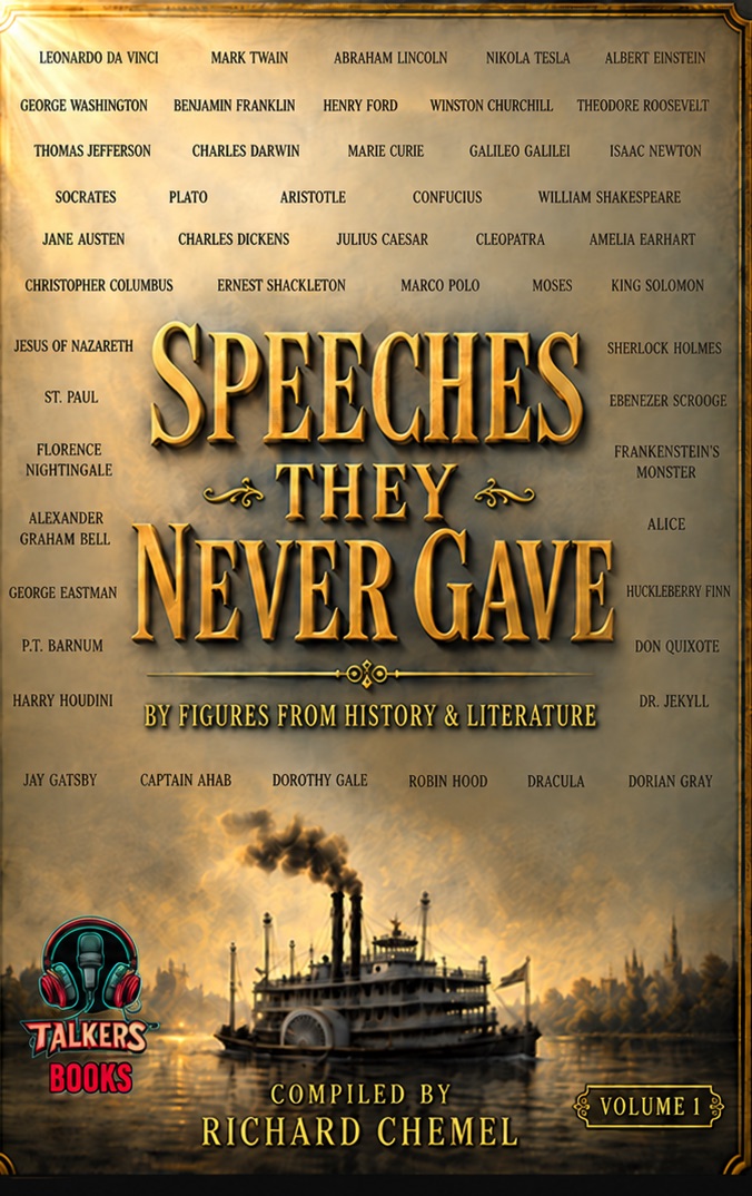 Cover of Speeches They Never Gave, Volume One, compiled by Richard Chemel: a riverboat at dusk framed by the names of fifty figures from history and literature